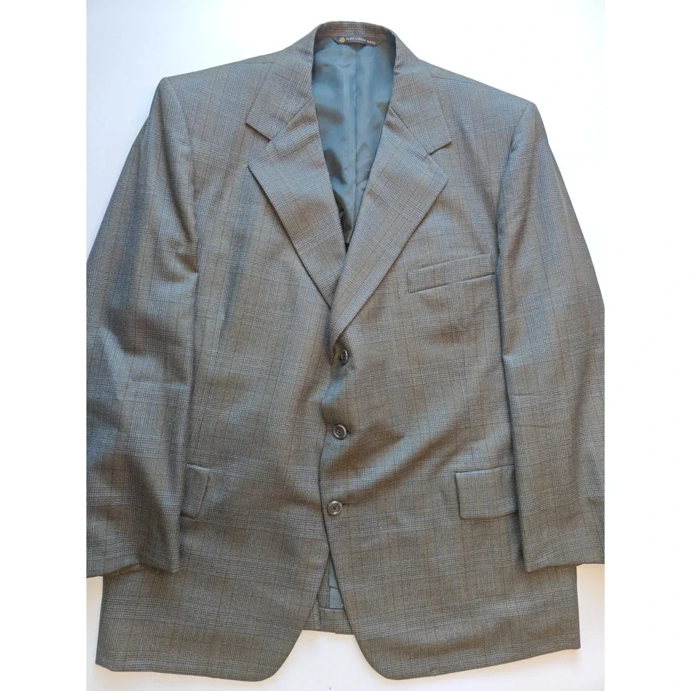 Baskin Mens Wool Sports Coat 46R Olive Glen Plaid USA Vintage 2 Button Blazer